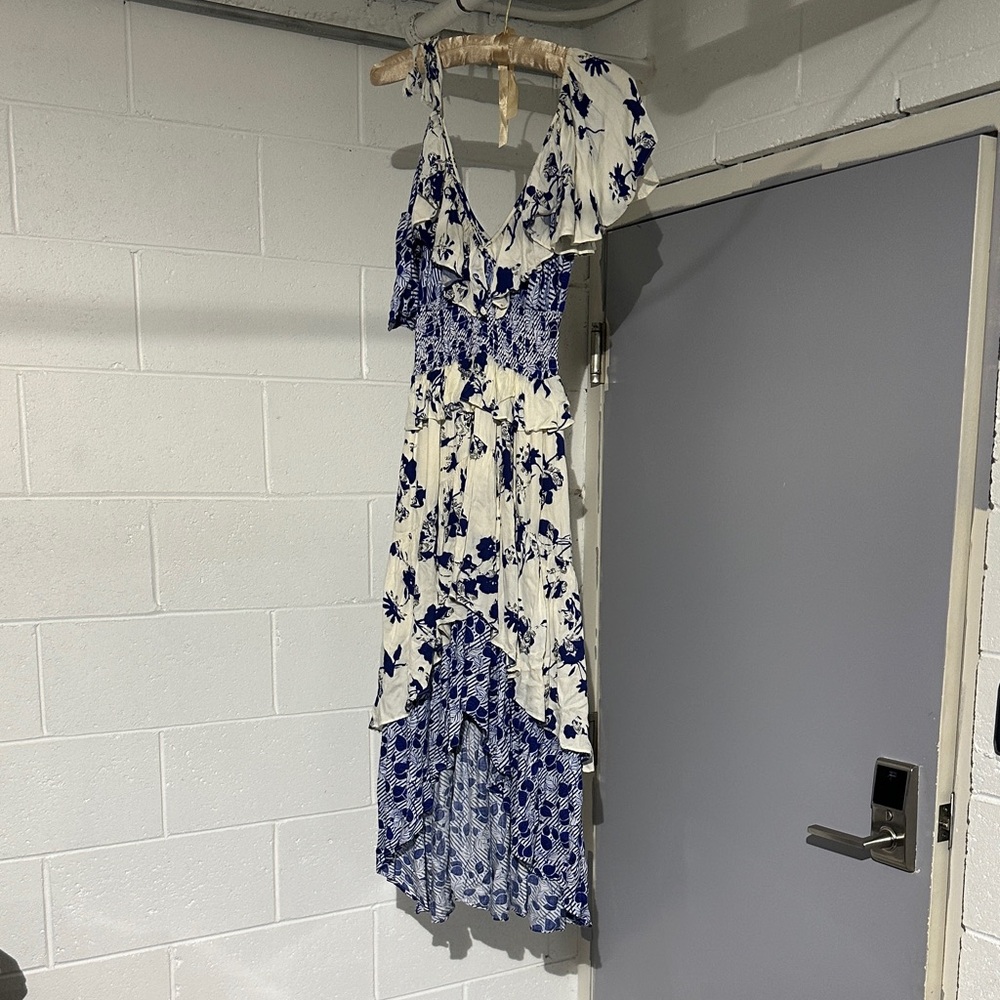 Misa Los Angeles Floral High-Low Dress in Navy and Cream